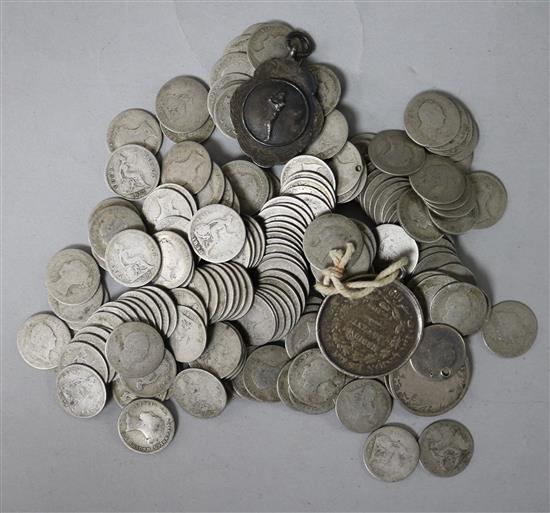 A group of Victoria silver threepences and other silver coins and medals